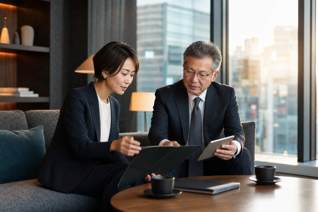 渋谷の企業売却について譲渡企業として相談する経営者とM&Aアドバイザー