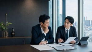渋谷の会社売却について経営者とM&Aアドバイザーが相談しているヒーロー画像