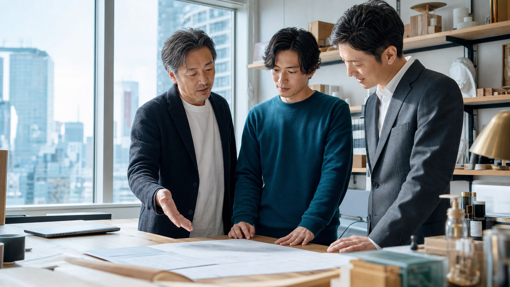 渋谷の事業承継に向けて経営者と候補先とアドバイザーが確認している様子
