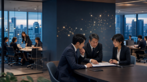 渋谷の人材紹介会社M&Aで許可と候補者DBを確認する経営者と専門家