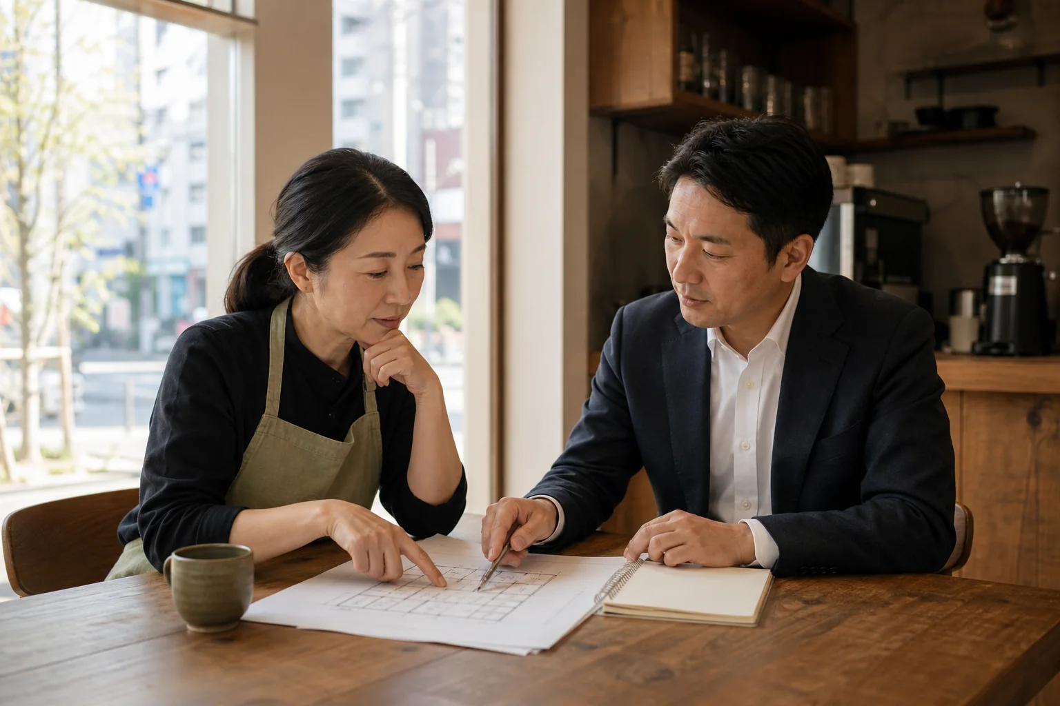渋谷の店舗でオーナーとM&Aアドバイザーが運営の引き継ぎを確認する様子