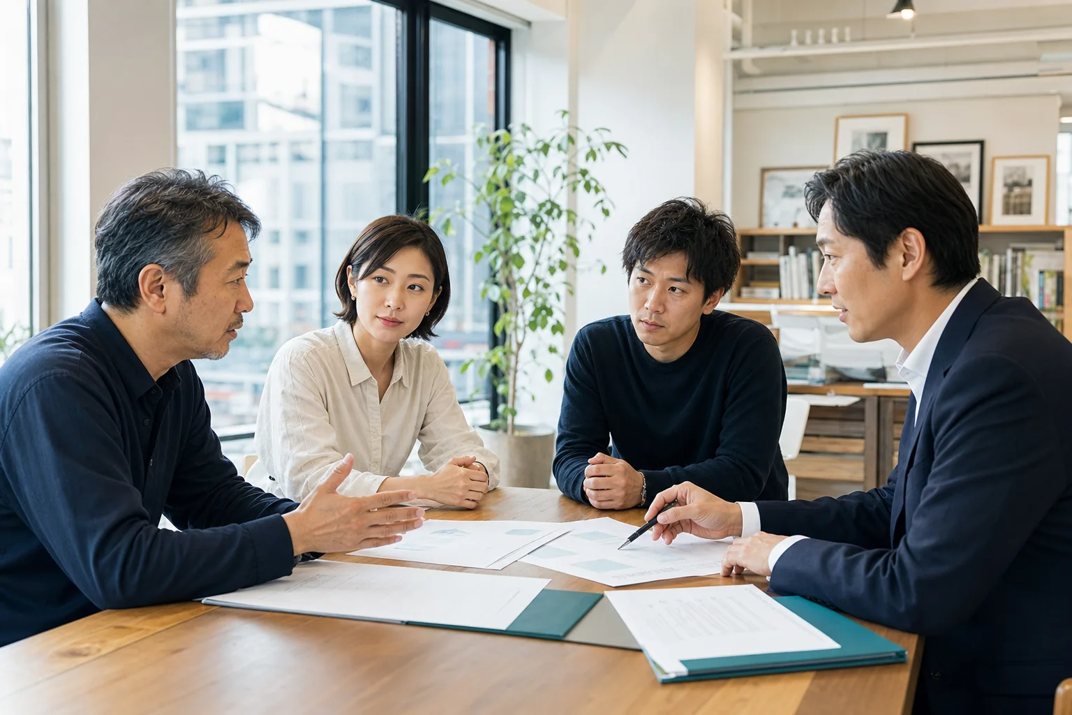 経営者とチーム、M&Aアドバイザーが承継後の体制を話し合う様子