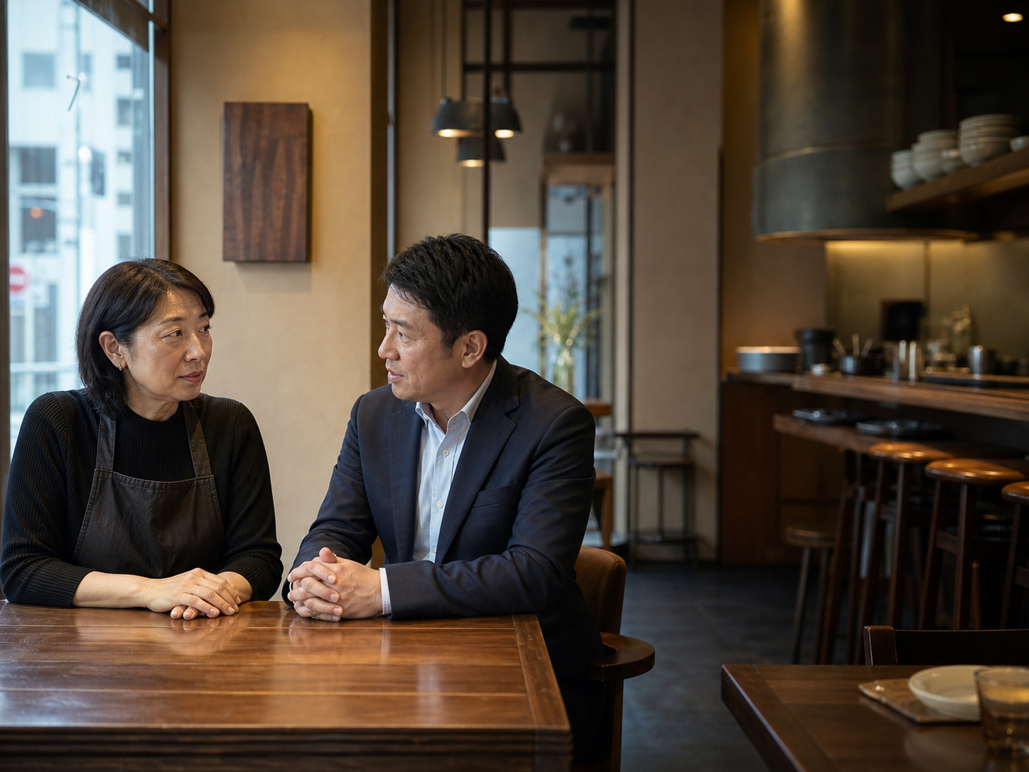 渋谷の飲食店で事業承継について相談する店舗オーナーとM&Aアドバイザー