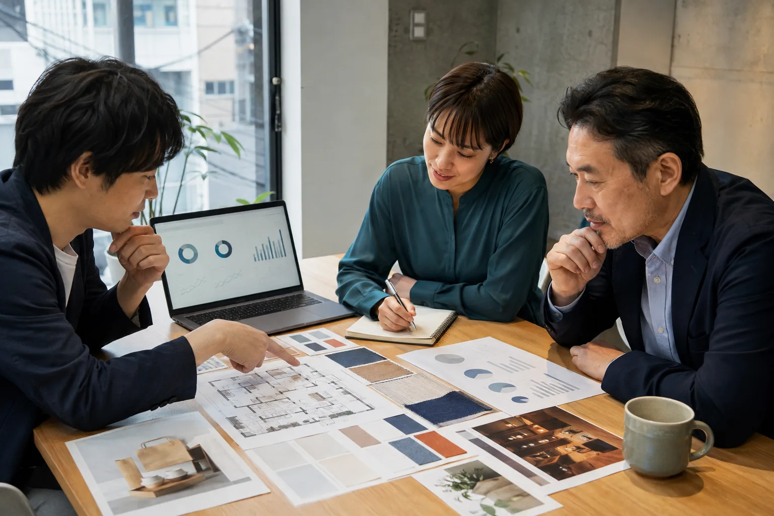 渋谷の多様な事業資料を確認する経営者と担当者
